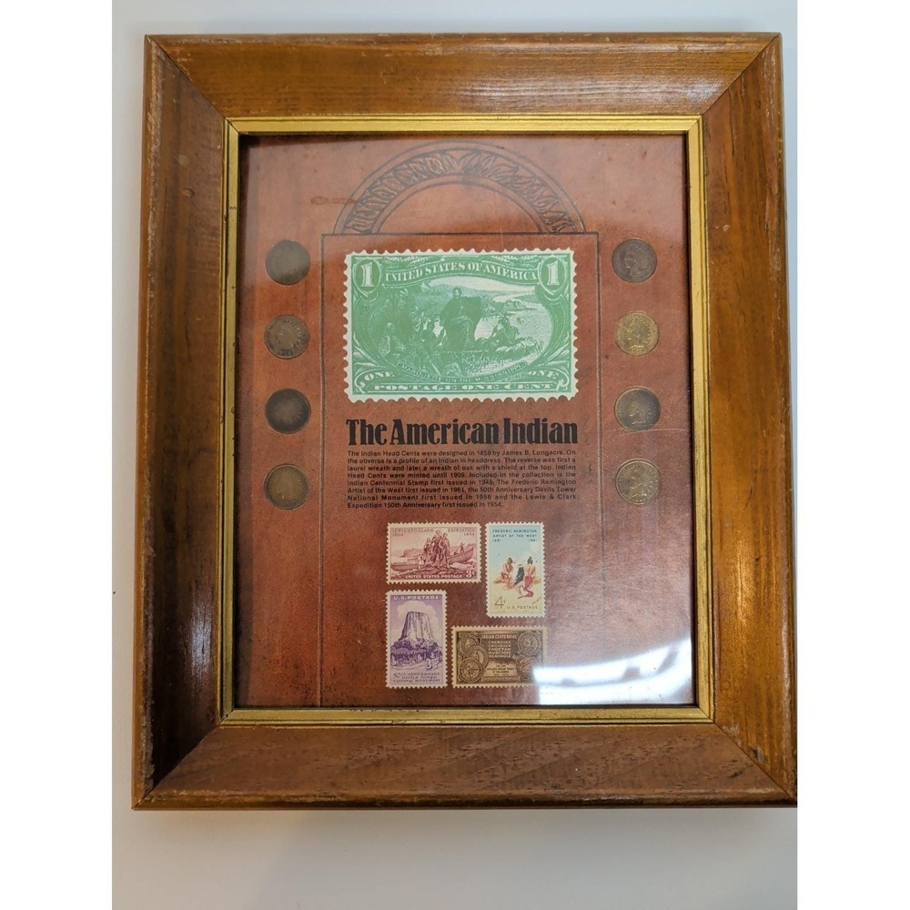 Vintage Framed Indian Head Penny Coin & Stamp Display 1868–1908 Americana